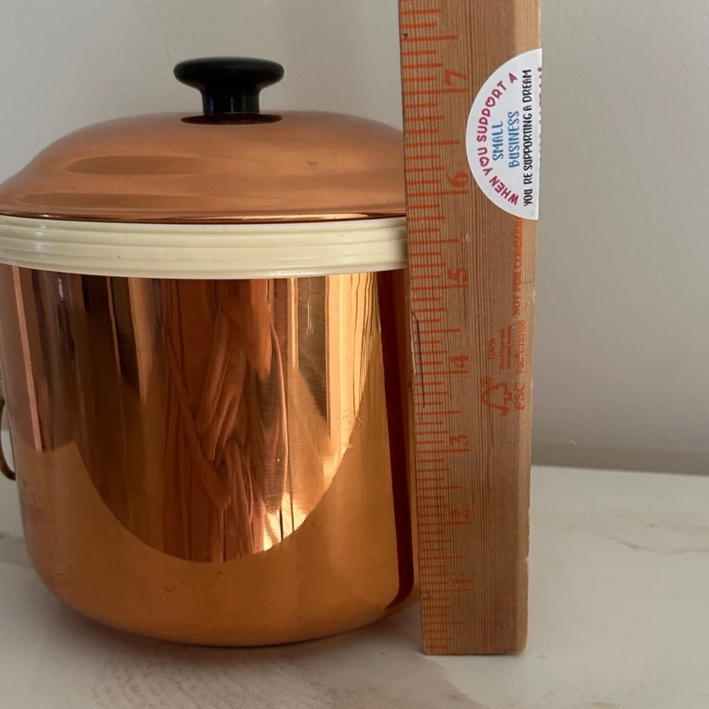 vintage Copper Ice Bucket with Gold brass lion head ring handles black knob lid